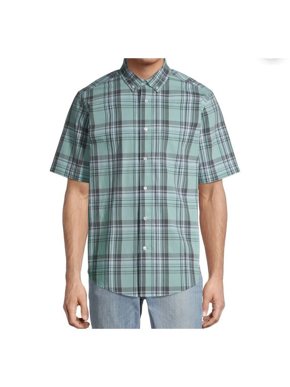 George Men's Classic Fit Short Sleeve Poplin Shirt Green/Gray Plaid Button Front